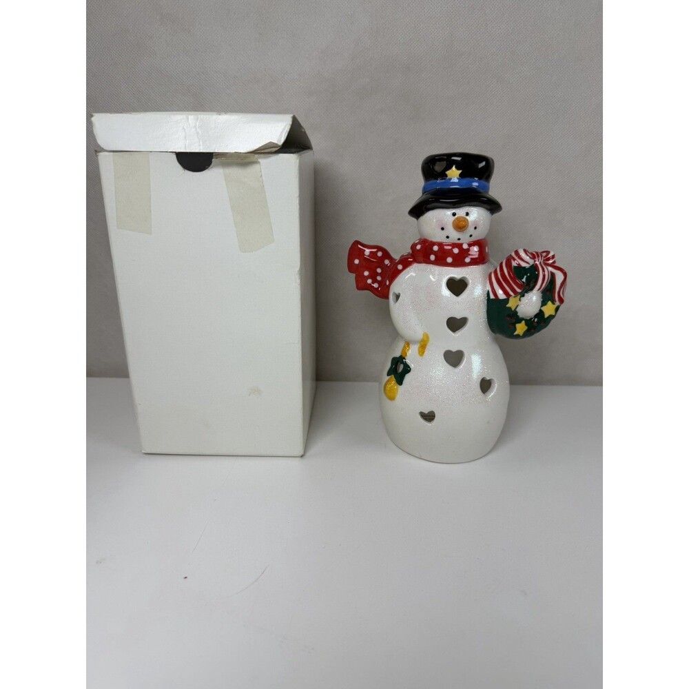 Vintage Hallmark Ceramic Snowman Tealight Candle Holder W/ Box 1DMP1215